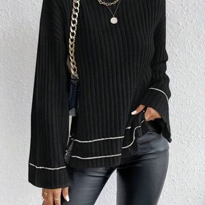 Black and White Crew Neck Sweater with Ribbed Texture